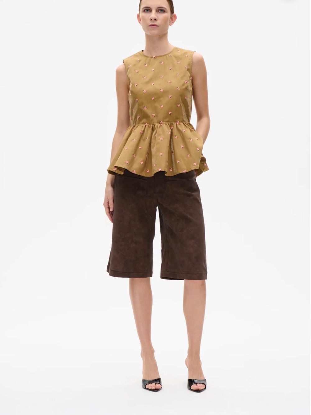 Baum und pferdgarten sleevless Peplum Top in Mustard with Tiny Floral Embroidery